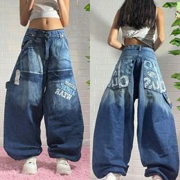 Women's Jeans High Street Denim Gradient Pocket Letter Loose Trousers Chic Niche Design Retro Y2k Waist Skateboard Hip Hop Sports