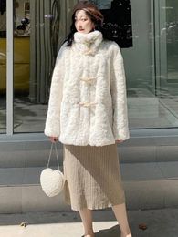 Women's Fur Autumn Winter Lamb Cashmere Coat Horn Buttons Stand Collar Thick Warm Long Sleeve Furry Outwear Lady Elegant White Jacket