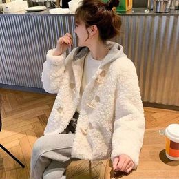 Women's Fur Korean Fashion Autumn Winter Women Casual Coat Oversize Loose Warm Imitation Lamb Wool Single Breasted Hoody Jacket Top