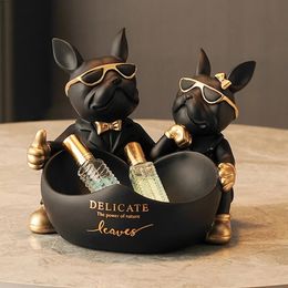Decorative Objects Figurines Lovers Bulldog Statue with Bowl Storage Box For Keys Jewellery French Bulldog Figurine Resin Home Table Decoration Sulpture 231130