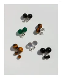 Stud Earrings Natural Stone Round Spherical Black Onyx Crystal Beads Vintage Tiger's Eye Silver Pin