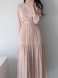 Casual Dresses Solid Pink Korean For Women Clothing Elegant Fall 2023 Spring Long Sleeve Woman Pleated Dress Female Maxi Vestido