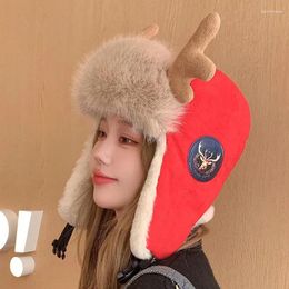 Berets 2023 Winter Antlers Christmas Lei Feng Hat For Women's Windproof Ear Protection With Horns Ski Cap Outdoor Warm