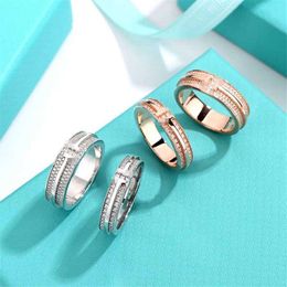 Blue box TF Classic designer tiff ring top Classic S Sterling Silver Set with Diamond Full Gold Plated Double T Ring for Men and Women as a Gift Exquisite High Edition