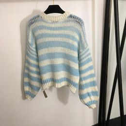 Women's Sweaters 2023 Autumn And Winter Sweet Casual Lazy Wind Blue White Hollow Striped Long Sleeve Cashmere Sweater Woman