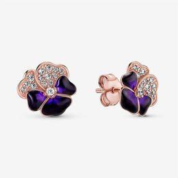 100% Authentic 925 Sterling Silver Deep Purple Pansy Flower Stud Earrings Fashion Earring Jewellery Accessories For Women Gift234U