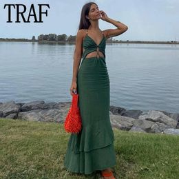 Casual Dresses Cut Out Halter Linen Dress Women Green Ruffle Backless Long Woman Asymmertic Off Shoulder Summer Sexy Party