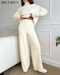 Womens Two Piece Pants WOTWOY Knitted 2piece Set Turtle Neck Sweater Wide Legged Autumn and Winter Long Sleeves White Drawn Flower Trousers Trf 231201