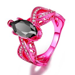 2017 New Fashion Jewelry 18K Pink Gold Filled Horse eys Black Sapphire Gemstones CZ Diamond Wedding Women Band Ring For Lover Gift251r