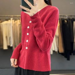 Women's Sweaters Autumn And Winter 100 Pure Cashmere Cardigan V Collar Solid Colour Waist Tight Loose Versatile Coat Sweater Wool Knitted Top