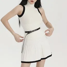 Work Dresses High Neck Sleeveless Knit Shirt Vest Shoulder Top Waist Slimming Short Pleated Skirt Half Two-piece Set For Women