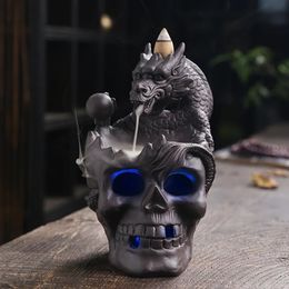 Decorative Objects Figurines Purple Clay Craft Gifts Halloween Skull Decorations Colourful LED Dragon Backflow Incense 20 Cones Creative Statue Gift 231130