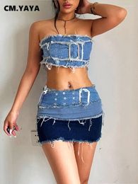 Work Dresses CM. Denim Women Two 2 Piece Set 2023 Summer Patchwork Ripped Mini Skirt And Strapless Crop Top Female Jean Matching