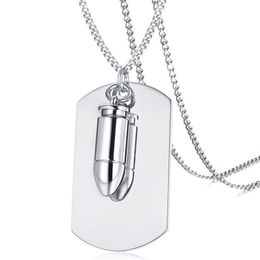 Stainless Steel Men's Blank Dog Tag Necklace with Bullet Pendant on Chain - Silver Gold Black273T
