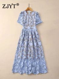 2024 Spring Summer Lace Dresses for Women Runway Designer Fashion Short Sleeve Elegant Blue Midi Vestidos Holiday Party Robe Femme