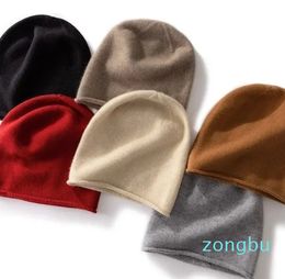 Berets Wholesale Solid Cashmere Knit Beanie Hat Women Autumn And Winter Warm Versatile Plain Rolled Wool Cold Cap