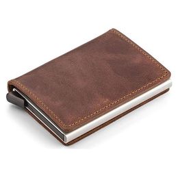 Card Holders Automatic Vintage Men's Genuine Leather Holder Retro Aluminum Alloy Business Male ID Cardholder Mini Wallet Purs255y