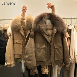 Women's Fur Faux Janveny Real Down Jacket 2023 Short Loose 90 White Duck Coat Fashion Female Big Pocket Puffer Snow Outwear 231201