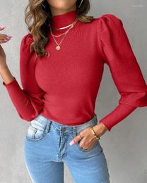 Women's Sweaters Sweater Gigot Sleeve Mock Neck Knit Autumn Women Solid Cropped Crop Patchwork Puff Pullovers