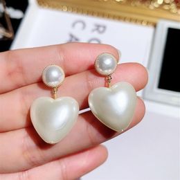 new ins fashion luxury designer cute lovely sweet heart pearl pendant dangle chandelier stud earrings for woman girls s925 silver 2888
