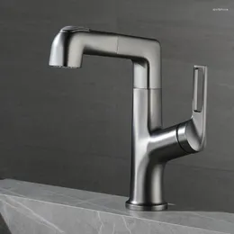 Bathroom Sink Faucets Fashion Trend Modern Wind Gun Grey 360° Rotation Two Function Pull Lifting Single Hole And Cold Water