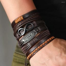 Charm Bracelets Vintage Brown 6Pcs/ Set Leather Bracelet For Men Hand Braided Wrap Wristband Rope Mens Beads Jewelry