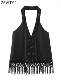 Women's Blouses Zevity Women Sexy Deep V Neck Sequined Embroidery Hem Tassel Black Halter Smock Blouse Femme Satin Shirt Blusas Chic Tops