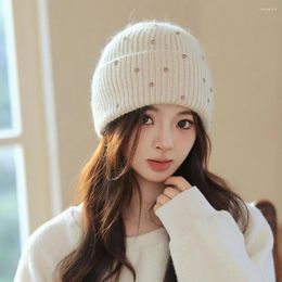 Berets Fall Winter Women Beanie Thickened Knitted Rhinestone Decor Soft Warm Elastic No Brim Solid Colour Anti-slip Windproof Lady Dome