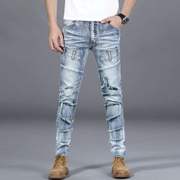 Hip Hop Men Slim Skinny Light Blue Jeans Stretch Pants Streetwear Patchwork Ripped Distressed Punk Style Male Treousers