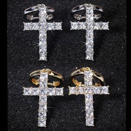 High Quality Gold Plated Bling Square CZ Cross Earrings Hoops for Men Women Nice Gift for Friend185S