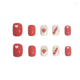 False Nails Short French Press On Nail Cute Strawberry Pattern Red With Adhesive Tabs For Salon Expert And Naive Women