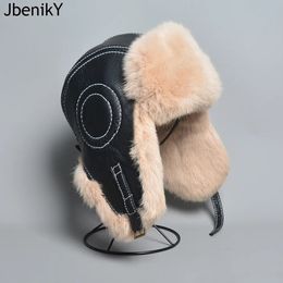 Trapper Hats Winter Mens 100% Real Rabbit Fur Bomber Hat Ushanka Cap Russian Man Ski Caps Sheepskin Leather 231130