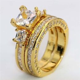 Couple Rings - Men's Double Row Zircon Stainless Steel Rings Women's 18K Yellow Gold Filled White Sapphire Diamond Ring246t