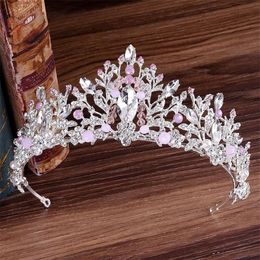 KMVEXO European New Handmade Cute Pink Crystal Beads Crown Bride Hair Jewellery Wedding Tiaras Diadem Headdress Headpieces Y200409225C