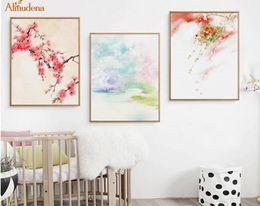 Landscape Cherry Blossoms Canvas Paintings Chinese Style Mountain Abstract Poster Nordic Wall Art Picture Home Decor3013776