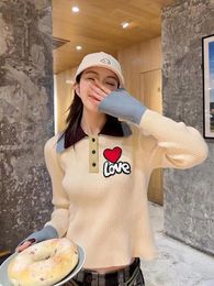 Women's fashionable top lapel Colour matching love letter trumpet sleeve sleeve top knitted sweater with spring and autumn