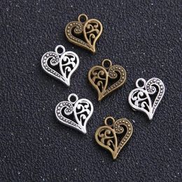 200pcs lot Antique Silver bronze Zinc Alloy Love Hollow Heart Charms Pendants Metal for Jewellery Findings DIY 14x15mm262S