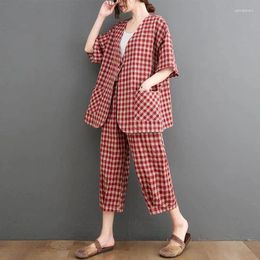 Women's Tracksuits Plaid Pants Sets Cotton Linen Half Sleeve Korean Style V-neck Blazers And Harem Loose Two Piece Casual Women Clothing