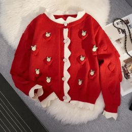 Women's Sweaters YuooMuoo Chic Korean Fashion Flower Pattern Red Christmas Cardigan Sweaters Autumn Winter Long Sleeve Y2K Aesthetic Knitted Tops 231130
