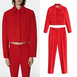 Women's Suits Womens Cropped Flap Blazer Fashion Pocket Lapel Long Sleeve Jacket Woman Red High Waist Pant 2 Piece Sets Autumn 2023