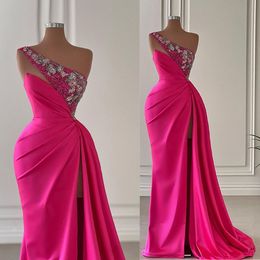 Arabic Aso Ebi Mermaid Hot Pink Prom Dress Beaded Crystals Evening Gowns Feather Birthday Engagement Second Gown Dress Women Formal Wear