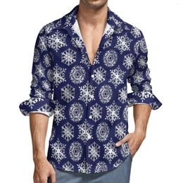 Men's Casual Shirts Snowflake Print Men Blue And White Shirt Long Sleeve Loose Stylish Blouses Autumn Graphic Clothing Plus Size 4XL