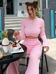 Women's Two Piece Pants Casual Crop Top Slit Women Knitted Suit 2023 Autumn Long Flare Sleeve Female 2 Sets Drawstring Wide Leg Pant Outfits