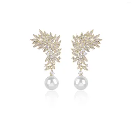 Stud Earrings Feather Cubic Zirconia Drop Earring For Wedding Pearl Prom Dangle Jewelry Women And Bride CE11894