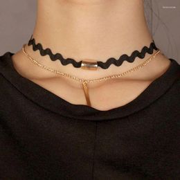 Choker Black Lace Rope Chokers Necklace For Women Fashion Golden Colour Metal Bar Pendant Link Chain Short Punk Jewellery