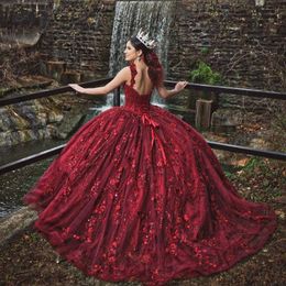 Red Shiny V-Neck Appliques Off The Shoulder Quinceanera Dress Ball Gown Sweep Train Tulle Princess Party Prom Dress vestidos de 15
