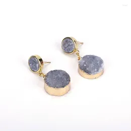 Dangle Earrings 2 PCS Natural Grey Druzy Semi Precious Stone Pure Colour Frame Gold Pendant Charm Studs Top For Women Gift