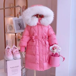 Down Coat 2023 Winter Girls Jackets Nice Bowknot Fashion Cotton Warm Outerwear Faux Fur Hooded Long Coats For Baby Kids 4-13 Years