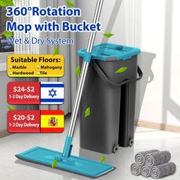 Mops Flat Squeeze Mop with Spin Bucket Hand Free Wringing Floor Cleaning Microfiber Pads Wet or Dry Usage on Hardwood Laminate 231130