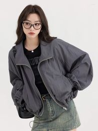 Women's Jackets Deeptown Korean Y2K Dark Grey Women Gorpcore Windbreaker Crop Jacket Female Harajuku Oversize Zip Up Outdoor Tops